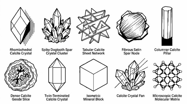 A collection of various calcite crystal formations and mineral structures in a detailed line art illustration.