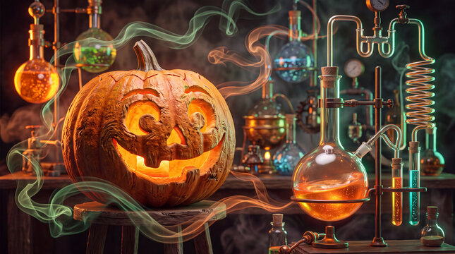 Carved pumpkin jack o lantern sits amid glowing laboratory glassware with swirling smoke in a dark mystical workshop setting, ideal for seasonal halloween invitations or festive banners.
