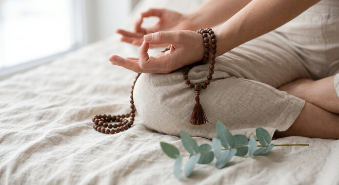 Hands mudra wooden mala beads meditation wellness concept