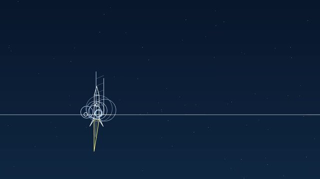 Abstract stylized spaceship or futuristic space station against a dark starry sky with a horizontal line.