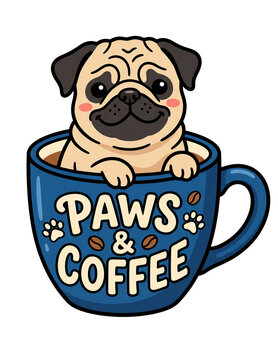 Cute Pug Dog in Coffee Cup T-Shirt Design for DTF Printing, Paws and Coffee Vector Graphic
