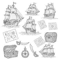 Vintage Pirate Ships and Treasure Map Illustration. © Untung