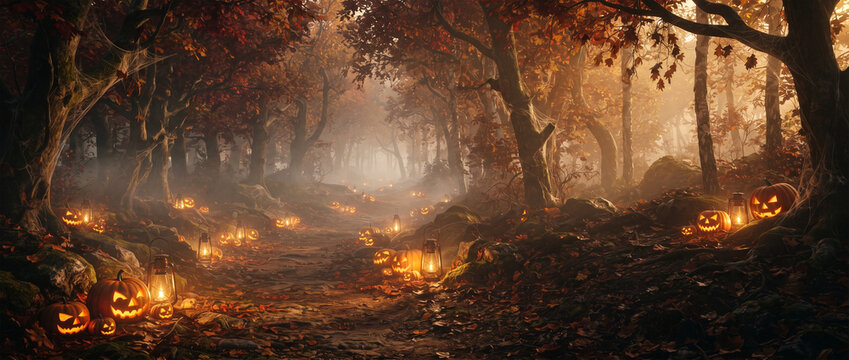 Autumn forest path illuminated by carved pumpkins and lanterns, surrounded by colorful foliage and mist, creating a Halloween atmosphere in a tranquil setting