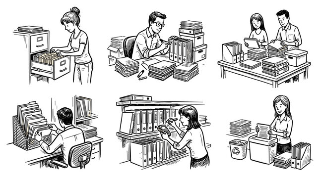Office workers organizing and processing documents and files in various scenes