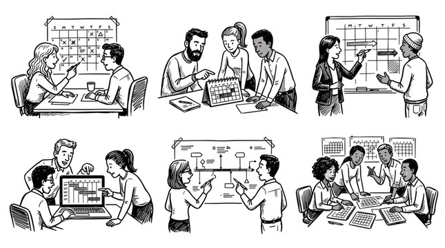 Diverse teams collaborating on project planning and scheduling with calendars and charts