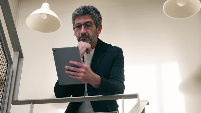 Video of confident businessman working with digital tablet in an elegant office