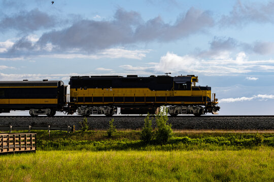 Diesel locomotive passenger train traveling along tracks next to a green field under cloudy skies near Potter Marsh Anchorage Alaska USA