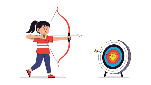 Young girl in red shirt aiming and shooting an arrow with a bow at a colorful target representing archery sport.