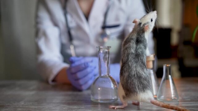 A grey and white laboratory rat standing on its hind legs near glass flasks and a scientist in a lab. Laboratory, rat, science, glass flasks, scientist, research