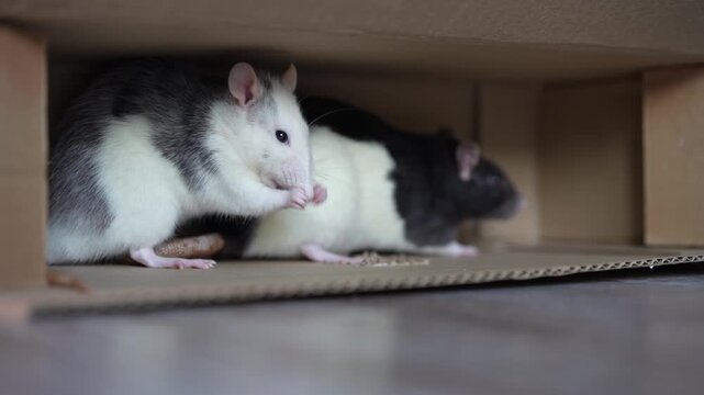 Two domestic rats eating food inside a cardboard structure on the floor indoors. Rats, feeding, cardboard, domestic pets