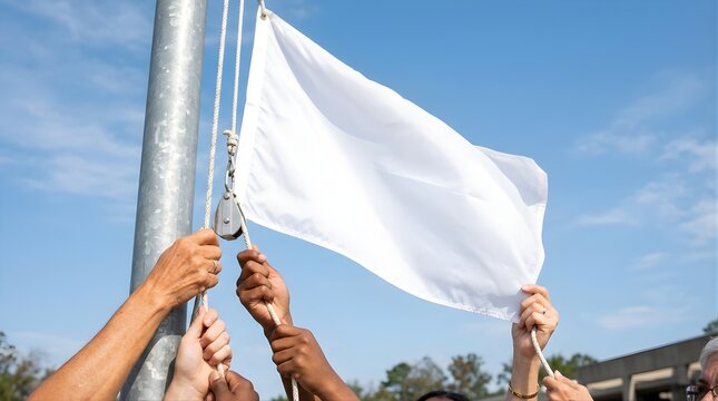 Group of diverse people raising a blank white flag on a metal flagpole