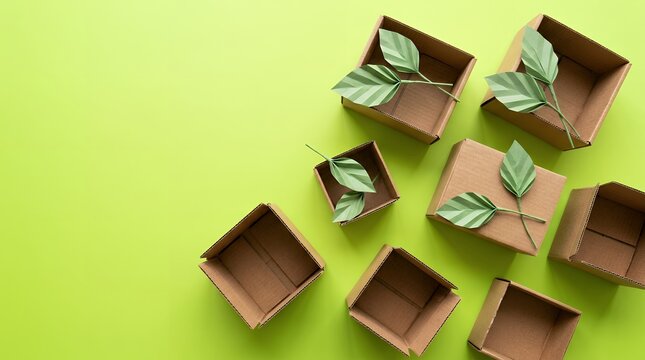 Eco-friendly sustainable packaging concept, brown cardboard boxes with green paper leaves, biodegradable shipping materials on green background