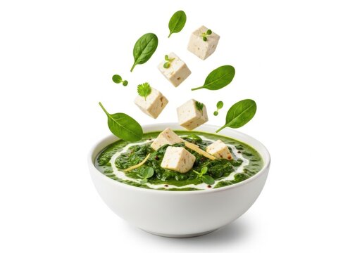 Palak paneer, a traditional indian spinach and cottage cheese curry, served in a white bowl with fresh spinach leaves and paneer cubes isolated on white background