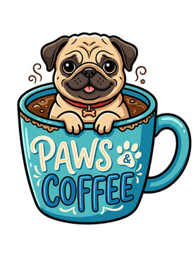 Funny Pug Puppy in Blue Coffee Mug Vector, Dog Lover and Coffee Lover Apparel Graphic for POD