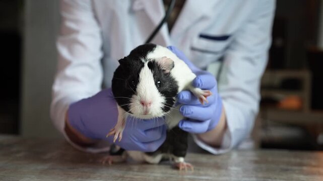 A veterinarian or lab technician wearing a white coat and blue gloves holds a black-and-white guinea pig during an examination. Veterinary care, pet health, black and white.