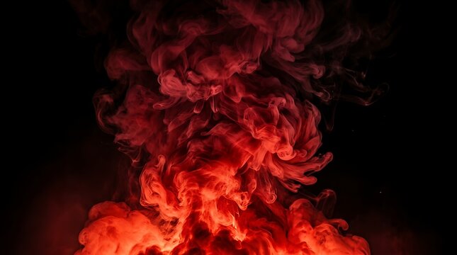 Dramatic red smoke explosion on black background, thick crimson vapor clouds, cinematic fire and brimstone atmospheric texture