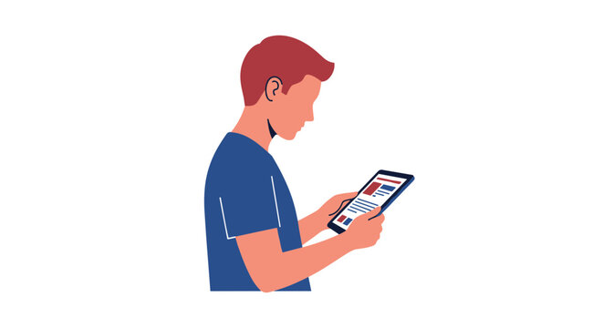 Young man with red hair using a tablet computer on a white background
