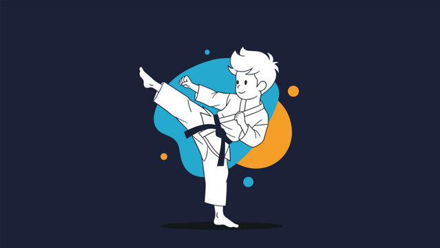 Energetic young boy in a white martial arts uniform performing a high side kick during karate or taekwondo class.