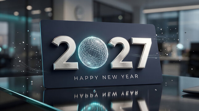 Modern Happy New Year 2027 mockup displayed on a glass office wall, corporate celebration, seasonal branding, business greeting, New Year.
