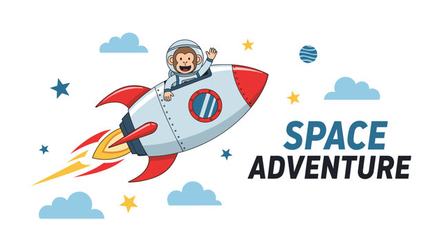 Friendly monkey astronaut waving from a flying rocket ship in the sky with clouds and stars for a space adventure.