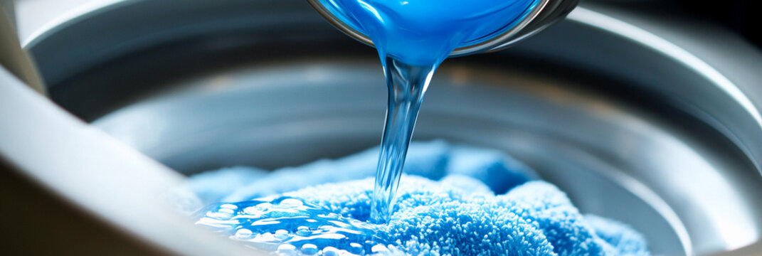 Close up of blue fabric softener being poured into washing machine Generative AI