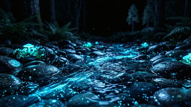 Bioluminescent glowing water and mushrooms illuminating a dark glacial stream in Armenia