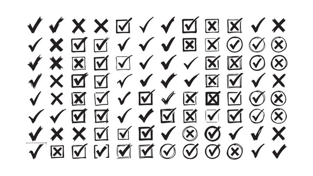 Extensive collection of hand drawn tick marks and cross symbols for checklists