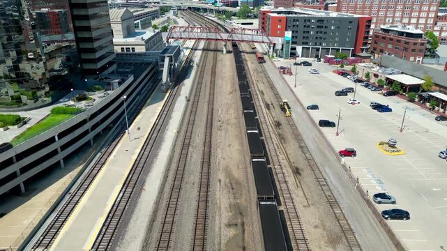 Aerial view of train in Kansas City railyard at Union Station