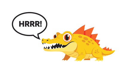 Fototapeta premium Cute little yellow crocodile cartoon character with orange spines growling with speech bubble on white background.
