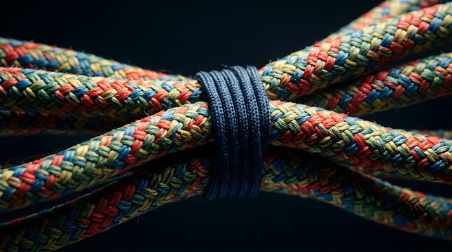 Macro shot of colorful intertwined ropes bound together with blue string