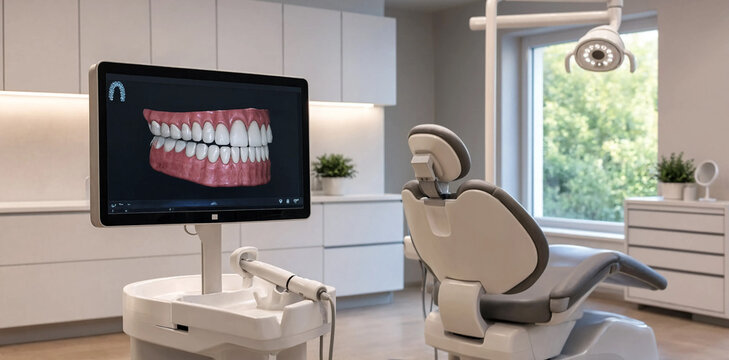 Modern dental clinic examination room with digital teeth imaging screen and professional chair dentistry stomatology orthodontics equipment interior technology professional treatment