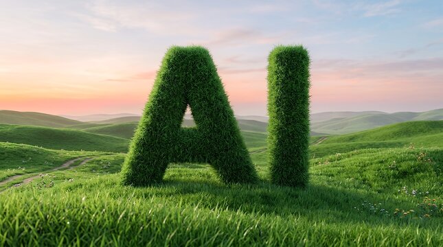 Green grass AI letters in rolling hills landscape, sustainable artificial intelligence concept, eco-friendly technology and nature conservation