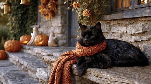 Fluffy black cat wearing orange knitted scarf resting on wooden bench by stone cottage decorated for Halloween