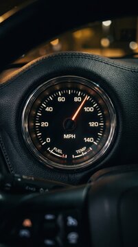 Closeup of a car speedometer showing a speed of approximately 90 miles per hour while driving at night