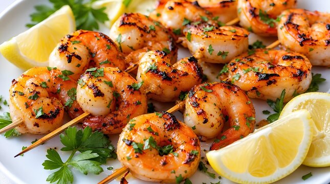 Succulent grilled shrimp skewers with charred edges, fresh parsley, and juicy lemon wedges on a bright white plate, vibrant seafood appetizer close up for summer dining and gourmet barbecue menus