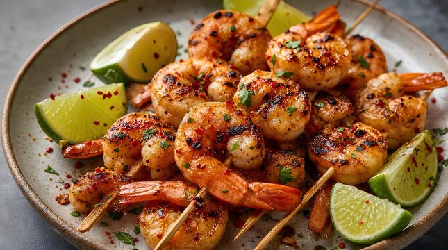 Charred grilled shrimp skewers piled on a rustic ceramic plate with juicy lime wedges, red chili flakes, cilantro garnish and smoky seafood glaze, vibrant spicy appetizer close up for summer dining