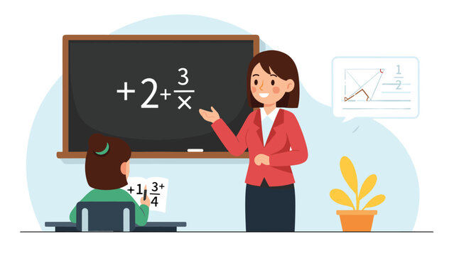 Professional female teacher explaining a math equation on the blackboard to a female student sitting at her desk.