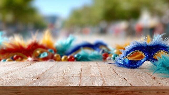 Bright Wooden Table Surface Displaying Festive Miami Broward Carnival Colorful Feathered Masquerade Masks For Traditional Caribbean Street Parade Celebrations