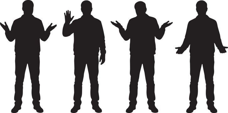Four Men Making Hand Gesture Poses Silhouette Photo

Silhouette photograph of four men in casual clothing making expressive hand gestures, including a shrug, a raised palm, and open hands. Set against