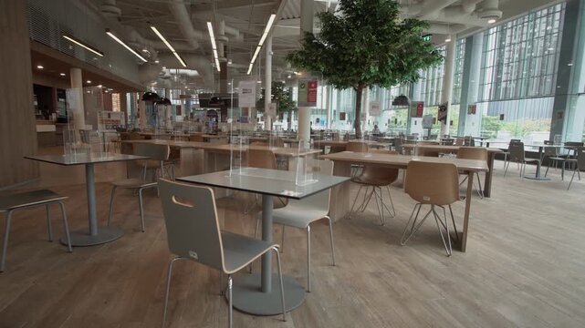 Modern empty food court and indoor dining hall interior tour