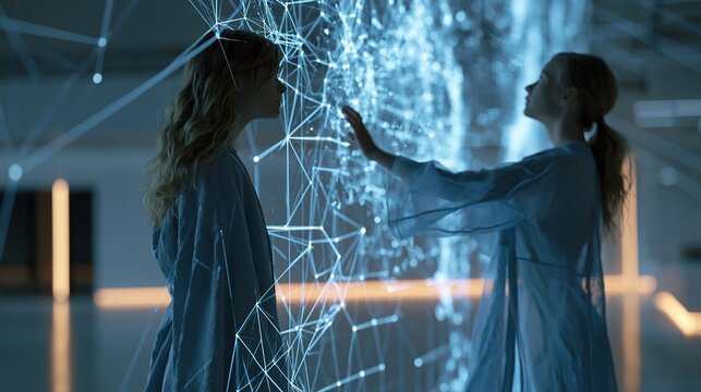 Scientist interacts with a vast digital network node inside a high tech research laboratory, exploring advanced data systems.