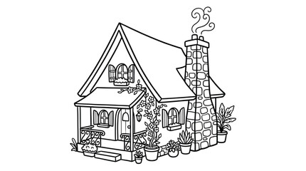 Obraz premium Charming Cottage House with Smoking Chimney Line Art.