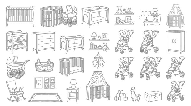 Collection of baby furniture and accessories, including cribs, strollers, and changing tables.