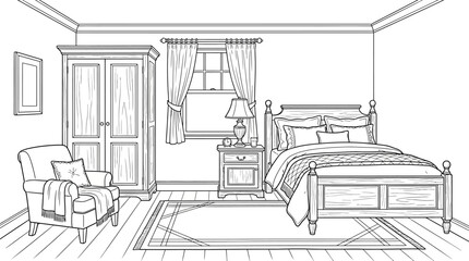 Fototapeta premium Cozy bedroom interior with classic furniture and inviting decor.