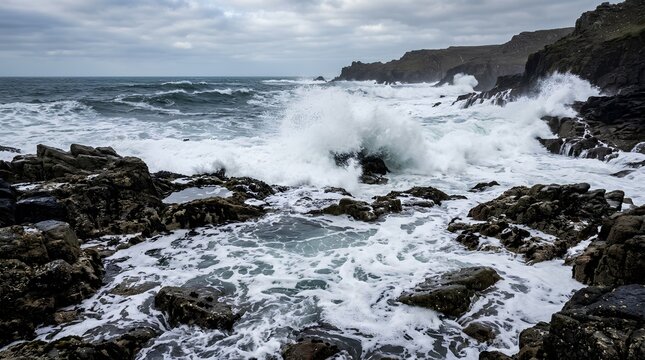 Powerful waves explode into white sea foam over dark volcanic rocks and tide pools on a rugged stormy coast beneath heavy clouds, dramatic seascape for travel, nature, weather and coastal geology