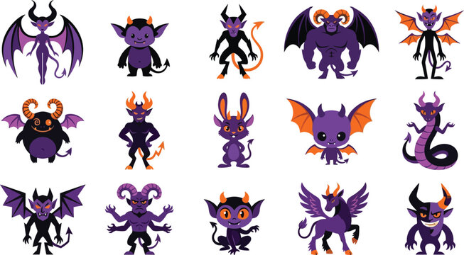 Collection of cute purple monster characters for happy halloween day celebration featuring various funny creatures and mythical demons