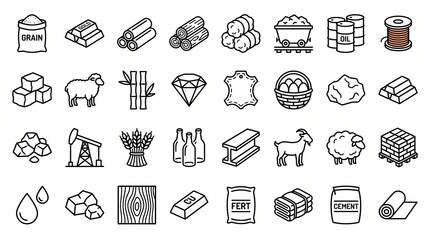 Naklejka premium Raw materials commodity icon set featuring agriculture metals energy industrial resources vector illustration isolated on white background for trade business infographic design