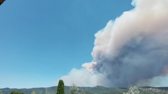 Pyrocumulus cloud forming above a forest wildfire in the mountains