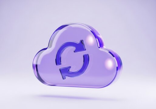 3d render of a purple glass cloud icon with a circular refresh arrow symbol inside, representing cloud synchronization and data backup