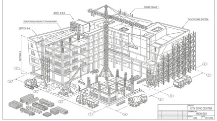 Fototapeta premium Detailed blueprint of a large building construction site with cranes and scaffolding.